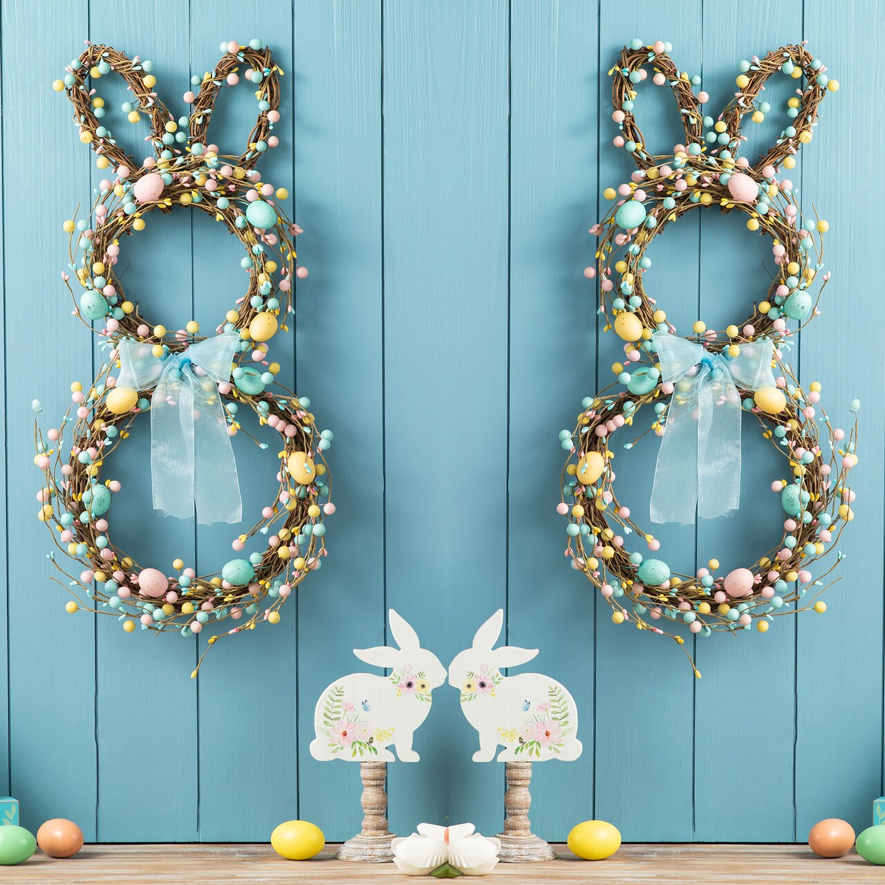 Set of 2 24.5"H Easter Spring Bunny Shaped Eggs Wreath with Satin Ribbon Bow for Front Door Wall Decor